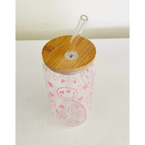 Pink Smiley Face Glass Tumbler 16 oz with Hearts Bamboo Lid and Glass Straw - Picture 4 of 10